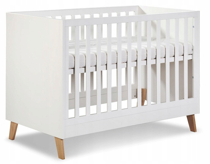 Klupś Noah, łóżeczko drewniane białe z barierką ochronną, 120x60cm