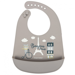Canpol Babies, śliniak silikonowy z kieszonką Bonjour Paris, beżowy