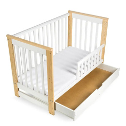 Klupś Iwo, łóżeczko drewniane białe-sosna z szufladą i barierką ochronną, 120x60cm